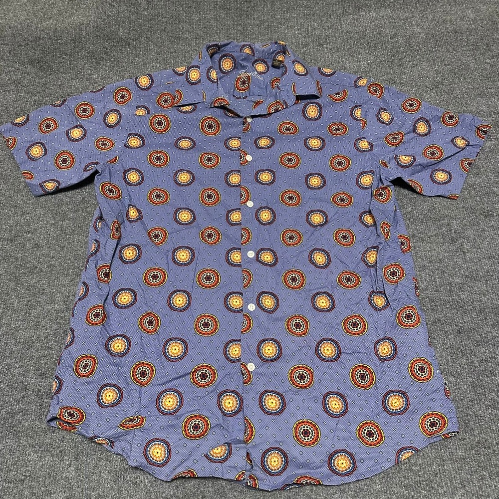Tasso Elba Mens Medium Blue Geometric Medallion‎ Short Sleeve Button Up Shirt